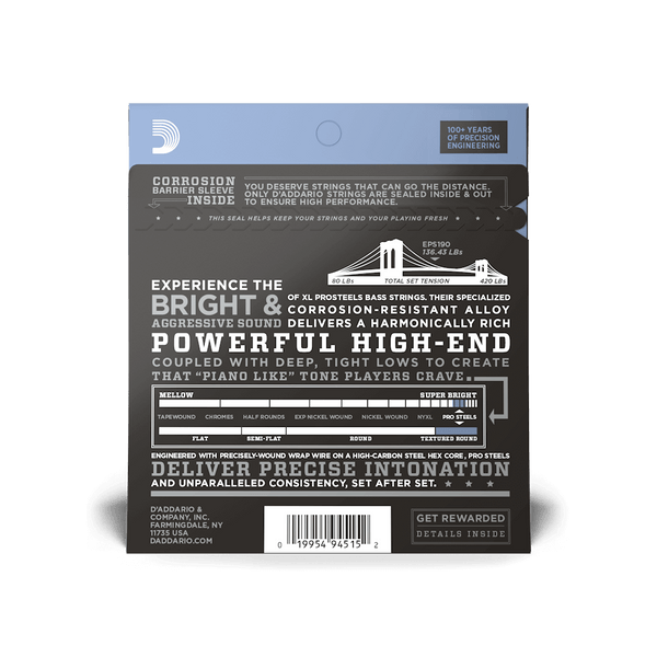 D'Addario EPS190 ProSteels Long Scale Custom Light Bass Guitar Strings, 40-100 - Steel