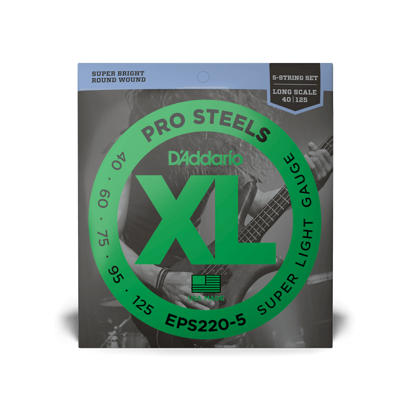 D'Addario EPS220-5 5-String ProSteels Long Scale Super Light Bass Guitar Strings, 40-125 - Steel