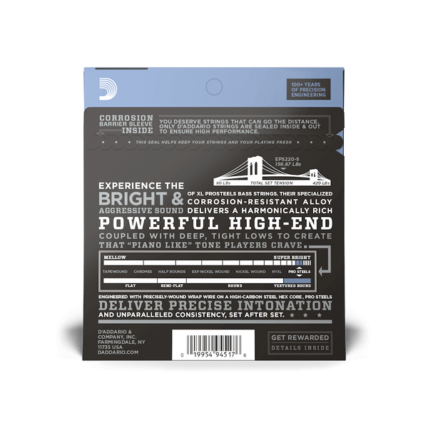 D'Addario EPS220-5 5-String ProSteels Long Scale Super Light Bass Guitar Strings, 40-125 - Steel