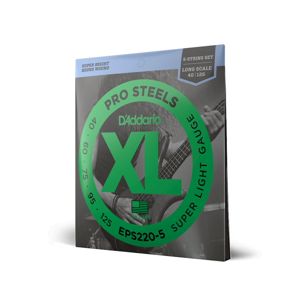 D'Addario EPS220-5 5-String ProSteels Long Scale Super Light Bass Guitar Strings, 40-125 - Steel