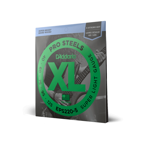 D'Addario EPS220-5 5-String ProSteels Long Scale Super Light Bass Guitar Strings, 40-125 - Steel