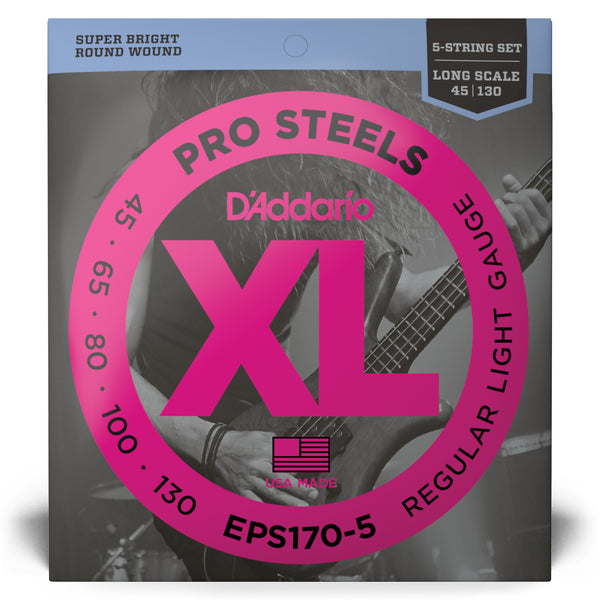 D'Addario EPS170-5 5-String ProSteels Long Scale Light Bass Guitar Strings, 45-130