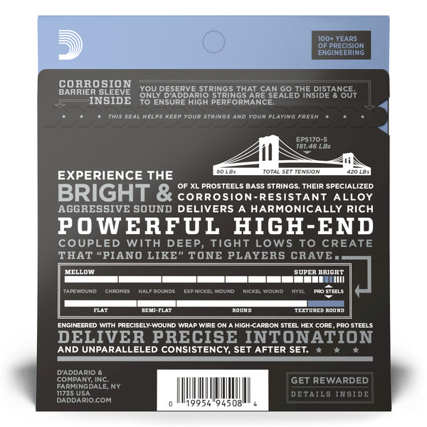 D'Addario EPS170-5 5-String ProSteels Long Scale Light Bass Guitar Strings, 45-130