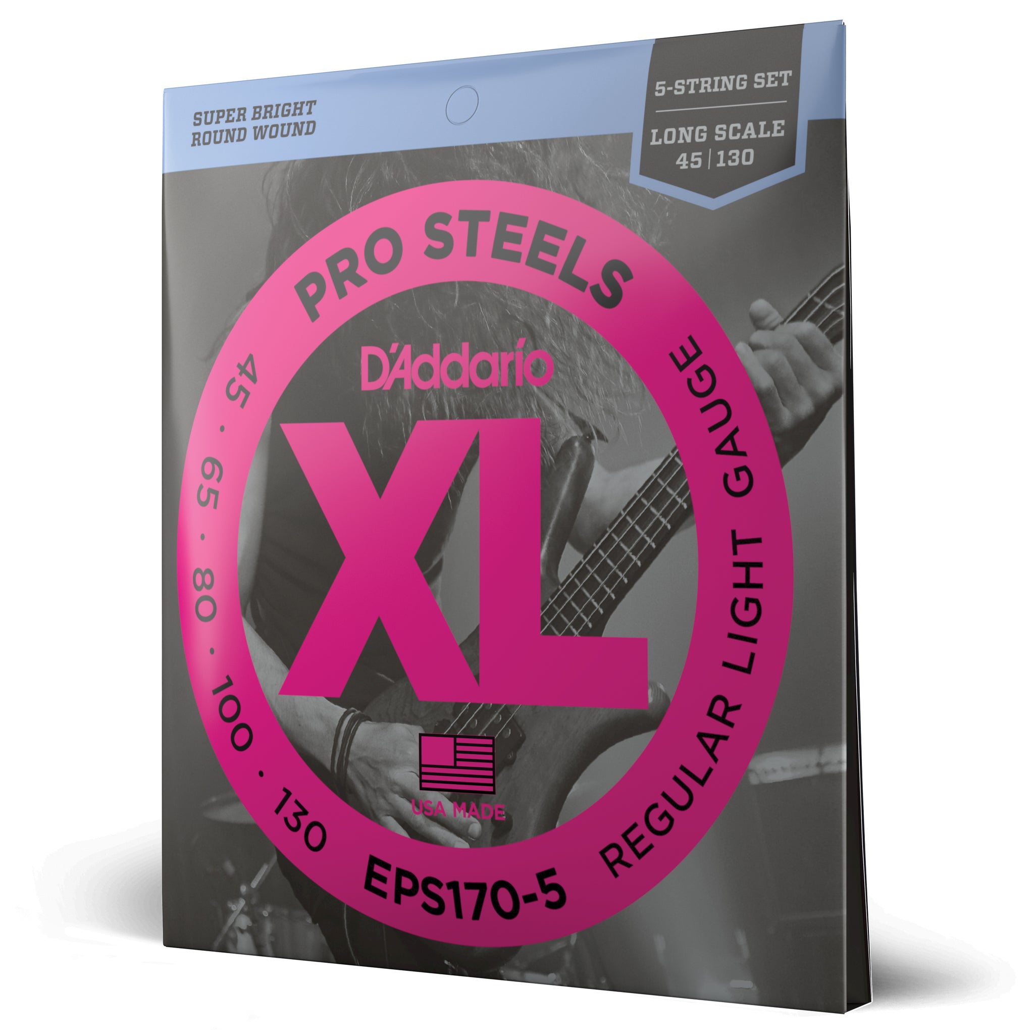 D'Addario EPS170-5 5-String ProSteels Long Scale Light Bass Guitar Strings, 45-130