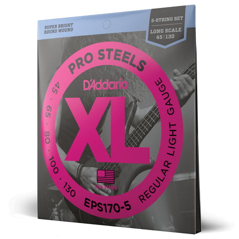 D'Addario EPS170-5 5-String ProSteels Long Scale Light Bass Guitar Strings, 45-130