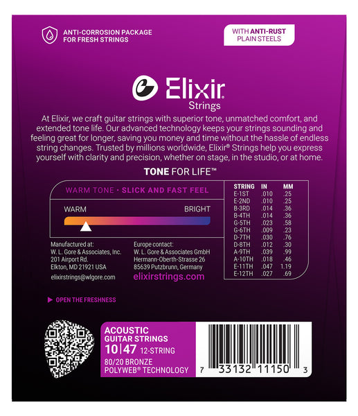 Elixir 11150 12-String Light Polyweb 80/20 Bronze Coated Acoustic Guitar Strings 10-47