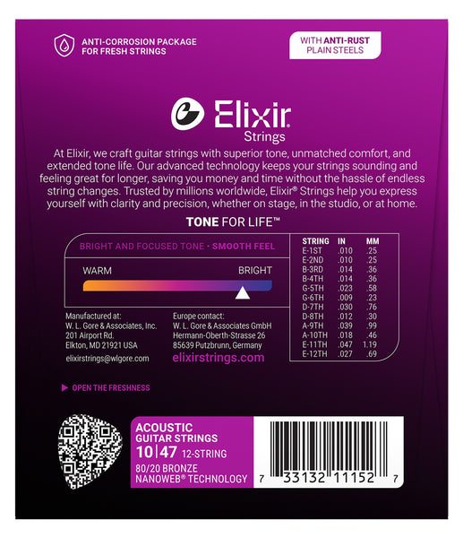 Elixir 11152 12-String Light Nanoweb 80/20 Bronze Coated Acoustic Guitar Strings 10-47