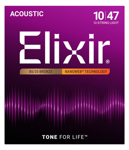 Elixir 11152 12-String Light Nanoweb 80/20 Bronze Coated Acoustic Guitar Strings 10-47