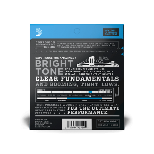 D'Addario 32-130 Regular Light 6-String, Long Scale, XL Nickel Bass Strings EXL170-6