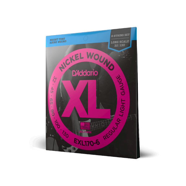 D'Addario 32-130 Regular Light 6-String, Long Scale, XL Nickel Bass Strings EXL170-6