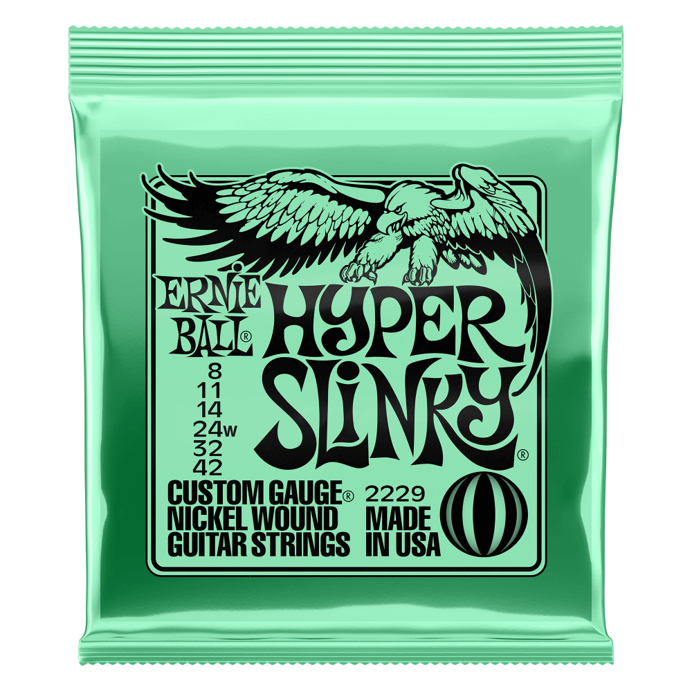Hyper Slinkys sit neatly between the popular Super Slinky and Extra Slinky strings while providing a light, fast feel with slightly less tension on the top strings. This combination is perfect for players who are looking for added playability with minimal differences in tone and tension to the Super Slinky strings. Gauges .008, .011, .014, .024w, .032, .042