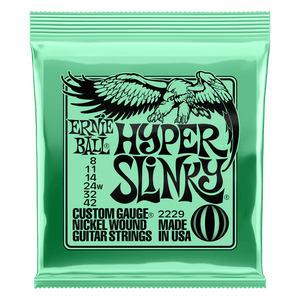 Hyper Slinkys sit neatly between the popular Super Slinky and Extra Slinky strings while providing a light, fast feel with slightly less tension on the top strings. This combination is perfect for players who are looking for added playability with minimal differences in tone and tension to the Super Slinky strings. Gauges .008, .011, .014, .024w, .032, .042