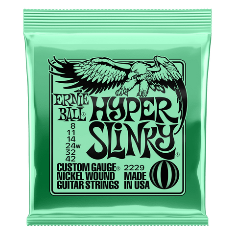 Hyper Slinkys sit neatly between the popular Super Slinky and Extra Slinky strings while providing a light, fast feel with slightly less tension on the top strings. This combination is perfect for players who are looking for added playability with minimal differences in tone and tension to the Super Slinky strings. Gauges .008, .011, .014, .024w, .032, .042