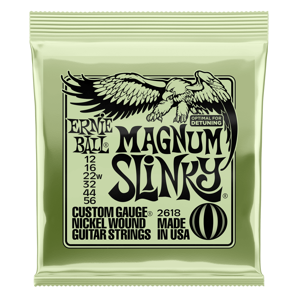 Magnum Slinky strings are ideal for players who prefer a heavier set with a wound G. This combination is perfect for players who want optimal tension at drop tunings for heavy riffs and chugging chords. Gauges .012, .016, .022w, .032, .044, .056