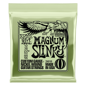 Magnum Slinky strings are ideal for players who prefer a heavier set with a wound G. This combination is perfect for players who want optimal tension at drop tunings for heavy riffs and chugging chords. Gauges .012, .016, .022w, .032, .044, .056