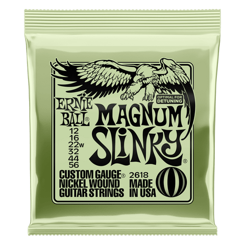 Magnum Slinky strings are ideal for players who prefer a heavier set with a wound G. This combination is perfect for players who want optimal tension at drop tunings for heavy riffs and chugging chords. Gauges .012, .016, .022w, .032, .044, .056