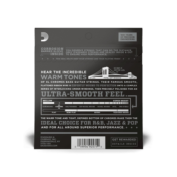 D'Addario 45-132 Regular Light 5-String, Long Scale, XL Chromes Bass Strings ECB81-5