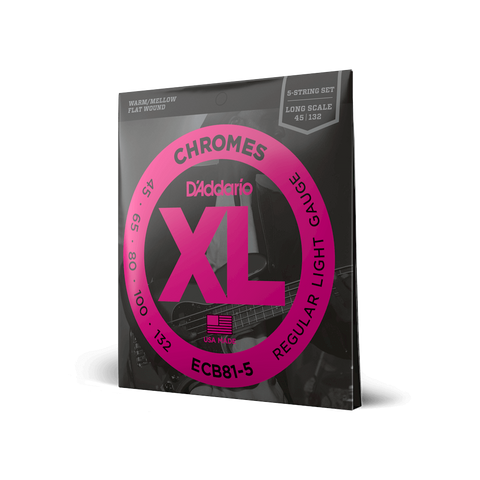 D'Addario 45-132 Regular Light 5-String, Long Scale, XL Chromes Bass Strings ECB81-5