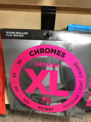 D'Addario ECB81 XL Chromes Flatwound Long Scale Bass Guitar Strings, Light Gauge