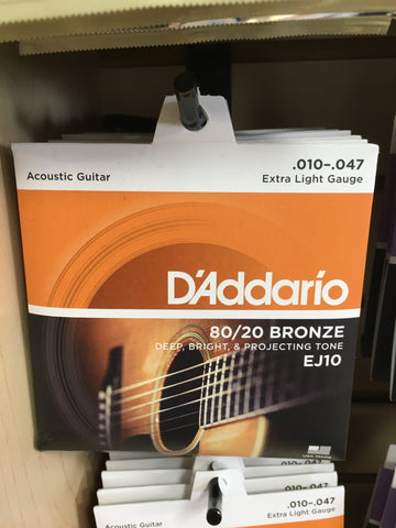 D'Addario EJ10 80/20 Bronze Acoustic Guitar Strings, Extra Light Gauge