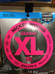 D'Addario EXL170-5 Nickel Wound Long Scale Bass Guitar Strings, Light Gauge