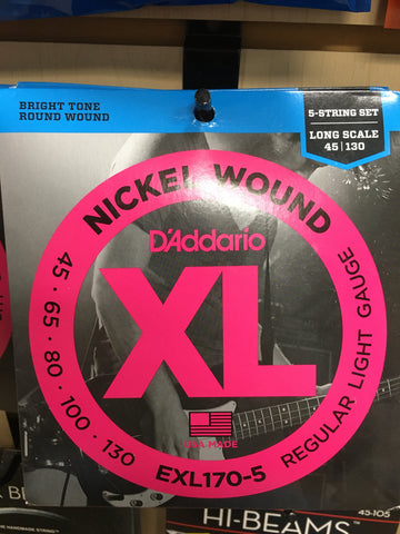 D'Addario EXL170-5 Nickel Wound Long Scale Bass Guitar Strings, Light Gauge