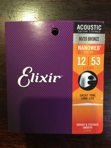 Elixir 11052 Nanoweb 80/20 Bronze Acoustic Guitar Strings - Light (12-53)