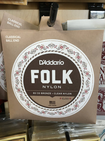 D'Addario EJ33 Folk Nylon Guitar Strings Ball End 80/20 Bronze/Clear Nylon Trebles Standard