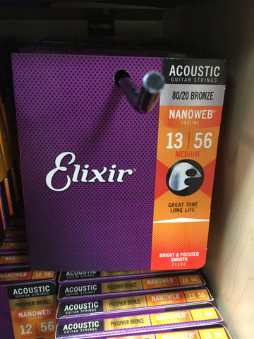 Elixir 11102 Nanoweb 80/20 Bronze Acoustic Guitar Strings - Custom Medium (13-56)