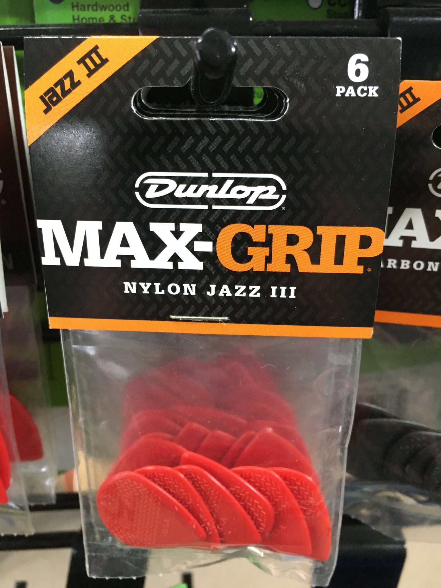 Dunlop Jazz III Pointed Nylon Max Grip 6 Pick Pack Red