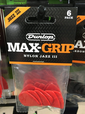 Dunlop Jazz III Pointed Nylon Max Grip 6 Pick Pack Red